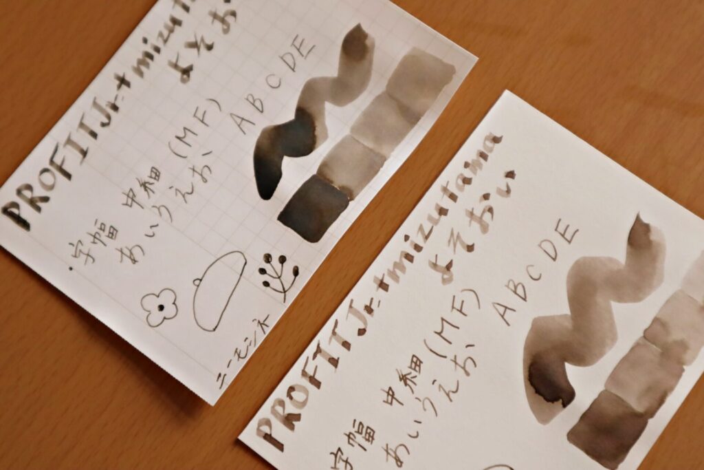 『 プロフィットジュニア+10 mizutama』の「よそおい」のインクで書いたニーモシネとグラフィーロのアップ