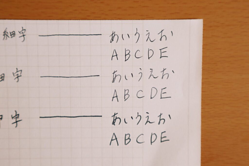 「極細字」「細字」「中字」の文字のアップ