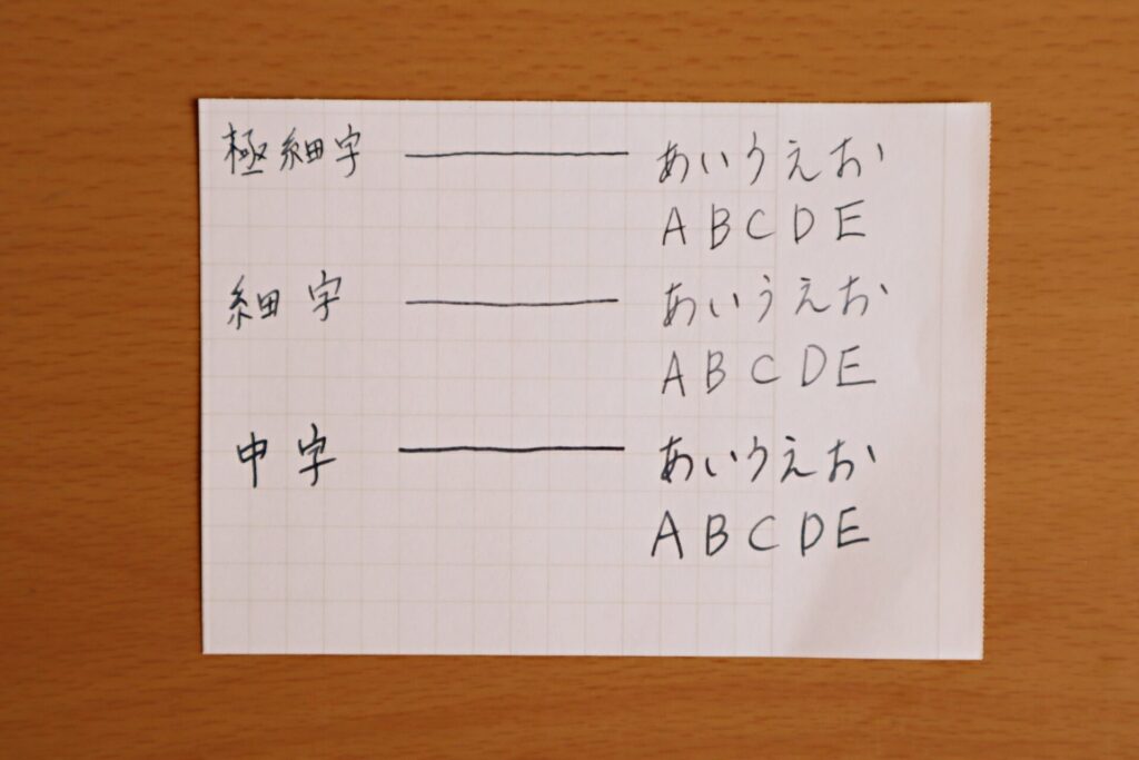 「極細字」「細字」「中字」のカクノの文字